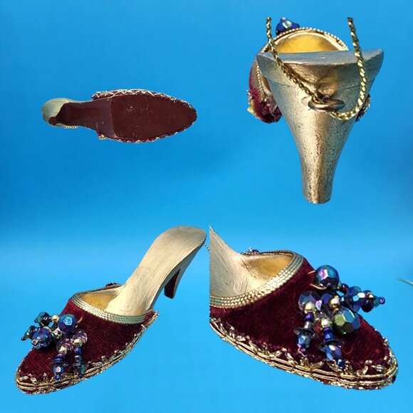 Red Velvet Shoe Ornaments Gold Trim Beaded Accent Tassel High Heel Runway Style - Picture 5 of 9